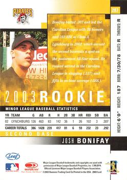 2003 Leaf #287 Josh Bonifay Back