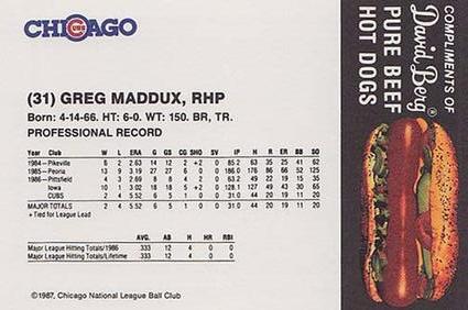 1987 David Berg Chicago Cubs #NNO Greg Maddux Back
