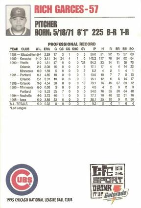 1995 Gatorade Chicago Cubs #NNO Rich Garces Back