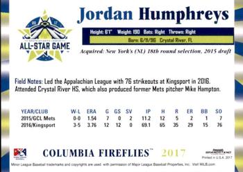 2017 Grandstand South Atlantic League All-Stars #NNO Jordan Humphreys Back
