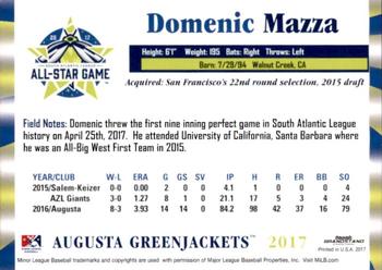 2017 Grandstand South Atlantic League All-Stars #NNO Domenic Mazza Back