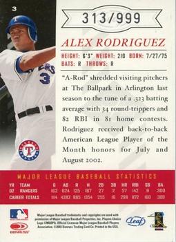 2003 Leaf Limited #3 Alex Rodriguez Back