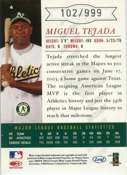 2003 Leaf Limited #4 Miguel Tejada Back