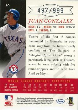 2003 Leaf Limited #10 Juan Gonzalez Back
