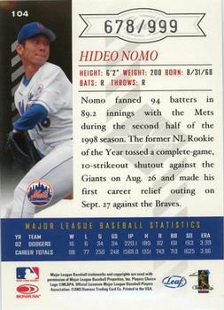 2003 Leaf Limited #104 Hideo Nomo Back