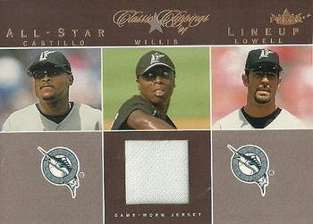 2004 Fleer Classic Clippings - All-Star Lineup Swatch #ASL-DW Dontrelle Willis / Luis Castillo / Mike Lowell Front