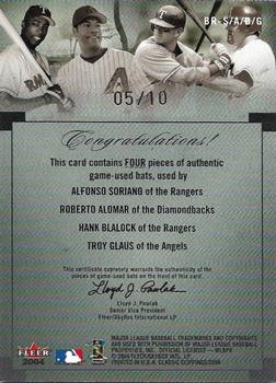 2004 Fleer Classic Clippings - Bat Rack Quad Gold #SABG Alfonso Soriano / Roberto Alomar / Hank Blalock / Troy Glaus Back