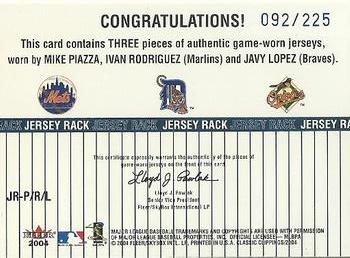 2004 Fleer Classic Clippings - Jersey Rack Triple Blue #PRL Mike Piazza / Ivan Rodriguez / Javy Lopez Back