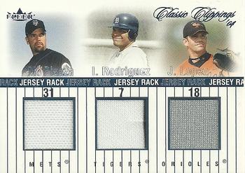 2004 Fleer Classic Clippings - Jersey Rack Triple Blue #PRL Mike Piazza / Ivan Rodriguez / Javy Lopez Front