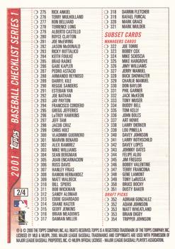 2001 Topps - Checklists Series 1 Red (Hobby) #2 Checklist 2: 181-354 Back