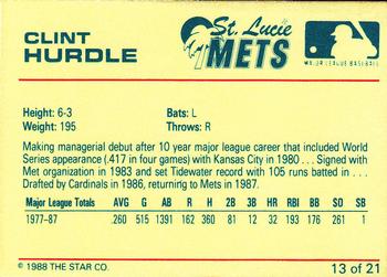 1988 Star Managers #13 Clint Hurdle Back