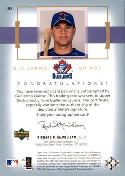 2003 SP Authentic #185 Guillermo Quiroz Back