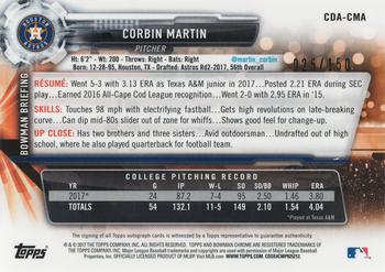 2017 Bowman Draft - Chrome Draft Pick Autographs Blue Refractor #CDA-CMA Corbin Martin Back