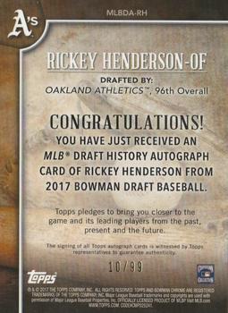 2017 Bowman Draft - MLB Draft History Autographs #MLBDA-RH Rickey Henderson Back