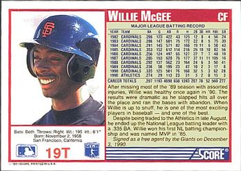 1991 Score Rookie & Traded #19T Willie McGee Back