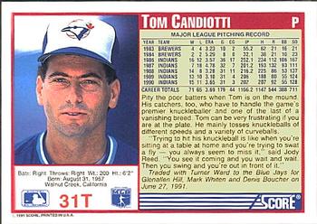 1991 Score Rookie & Traded #31T Tom Candiotti Back