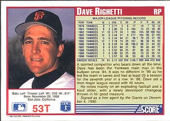 1991 Score Rookie & Traded #53T Dave Righetti Back
