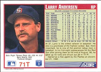 1991 Score Rookie & Traded #71T Larry Andersen Back