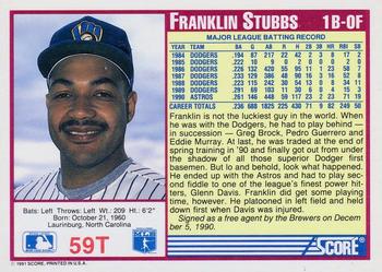 1991 Score Rookie & Traded #59T Franklin Stubbs Back