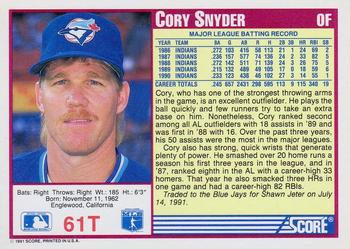 1991 Score Rookie & Traded #61T Cory Snyder Back