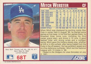 1991 Score Rookie & Traded #68T Mitch Webster Back