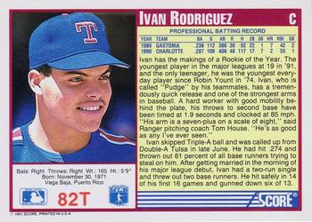 1991 Score Rookie & Traded #82T Ivan Rodriguez Back