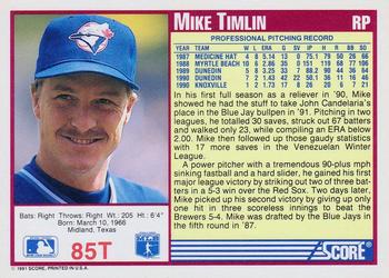 1991 Score Rookie & Traded #85T Mike Timlin Back