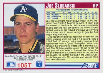 1991 Score Rookie & Traded #105T Joe Slusarski Back