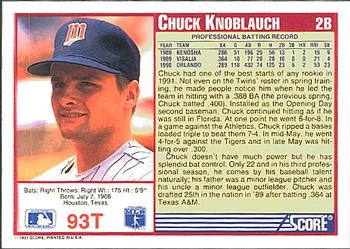1991 Score Rookie & Traded #93T Chuck Knoblauch Back