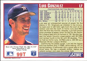 1991 Score Rookie & Traded #99T Luis Gonzalez Back