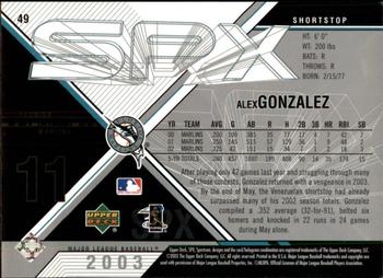 2003 SPx #49 Alex Gonzalez Back