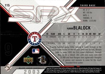 2003 SPx #115 Hank Blalock Back