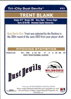 2012 Grandstand Tri-City Dust Devils #NNO Trent Blank Back
