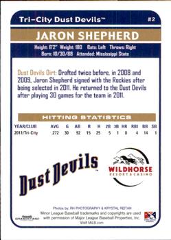 2012 Grandstand Tri-City Dust Devils #NNO Jaron Shepherd Back