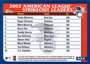2003 Topps #342 American League Strikeout Leaders Back