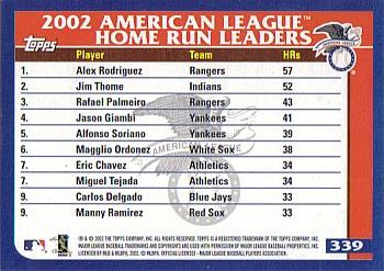 2003 Topps #339 American League Home Run Leaders Back