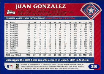 2003 Topps #38 Juan Gonzalez Back