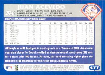 2003 Topps #477 Juan Acevedo Back