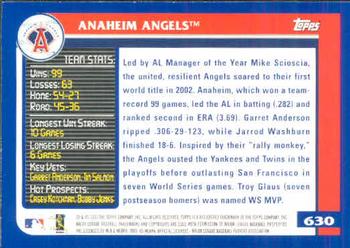 2003 Topps #630 Anaheim Angels Back