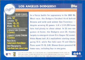 2003 Topps #644 Los Angeles Dodgers Back