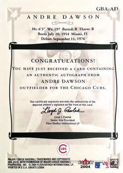 2004 Fleer Greats of the Game - Autographs #GBA-AD Andre Dawson Back
