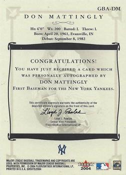 2004 Fleer Greats of the Game - Autographs #GBA-DM Don Mattingly Back
