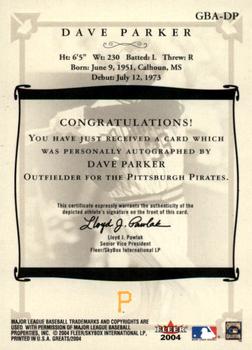 2004 Fleer Greats of the Game - Autographs #GBA-DP Dave Parker Back