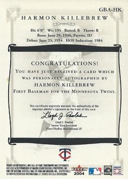 2004 Fleer Greats of the Game - Autographs #GBA-HK Harmon Killebrew Back