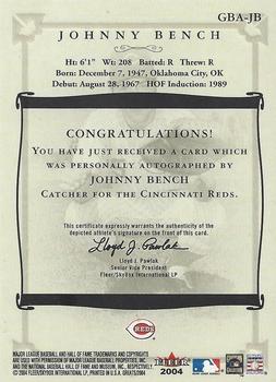 2004 Fleer Greats of the Game - Autographs #GBA-JB Johnny Bench Back