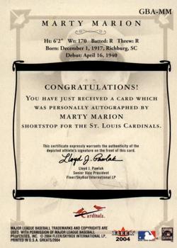 2004 Fleer Greats of the Game - Autographs #GBA-MM Marty Marion Back