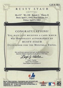 2004 Fleer Greats of the Game - Autographs #GBA-RST Rusty Staub Back