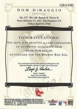 2004 Fleer Greats of the Game - Autographs #GBA-DD Dom DiMaggio Back