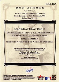 2004 Fleer Greats of the Game - Autographs #GBA-DZ Don Zimmer Back