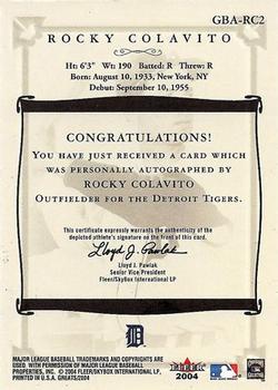 2004 Fleer Greats of the Game - Autographs #GBA-RC2 Rocky Colavito Back